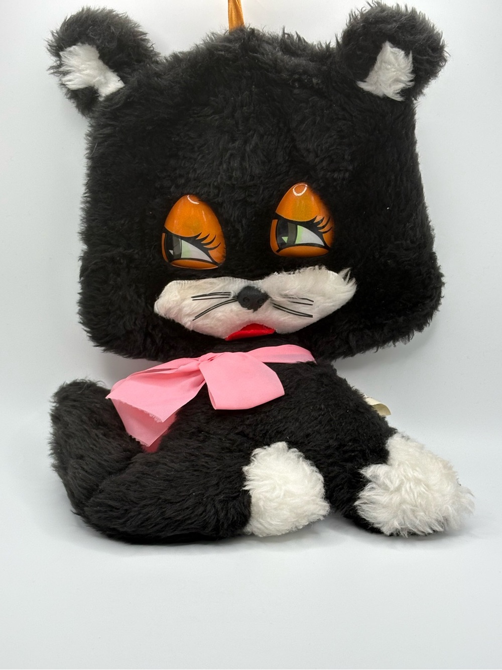 VTG 60s Leco TOYS Black Cat Orange Eyes Kitsch Halloween Deco Plush England 14”